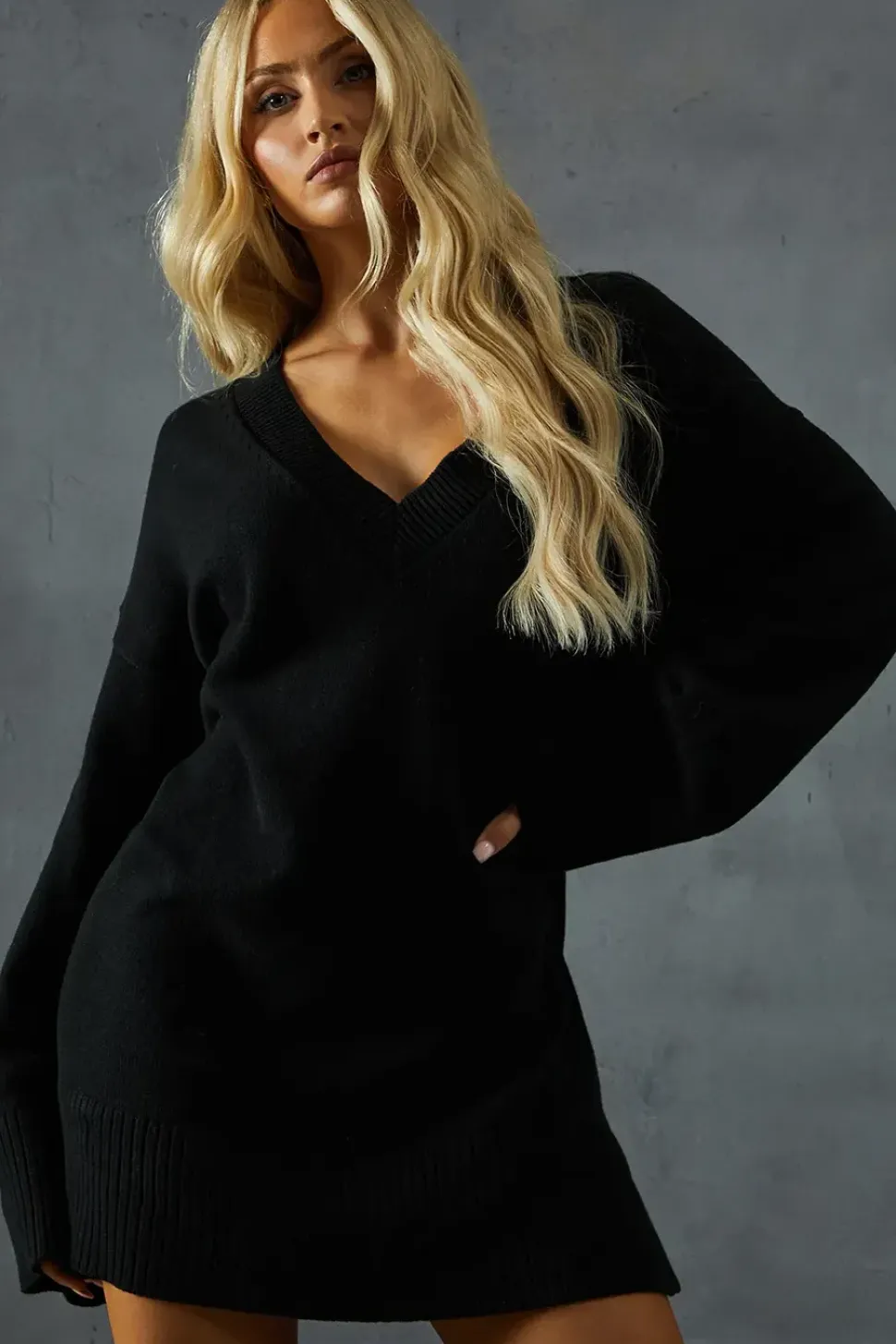 Knitted V Neck Ribbed Collar Split Side Mini Dress