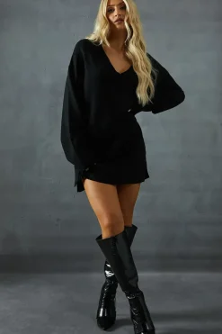 Knitted V Neck Ribbed Collar Split Side Mini Dress