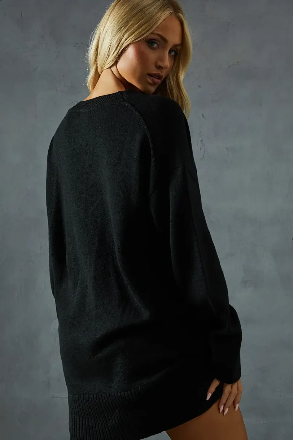Knitted V Neck Ribbed Collar Split Side Mini Dress