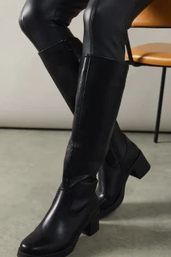 Krystelle Faux Leather Stretch Back Mid Block Heel Knee Boots