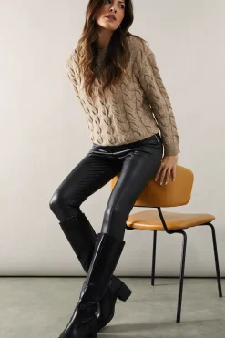 Krystelle Faux Leather Stretch Back Mid Block Heel Knee Boots