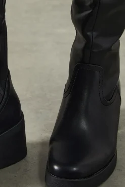 Krystelle Faux Leather Stretch Back Mid Block Heel Knee Boots