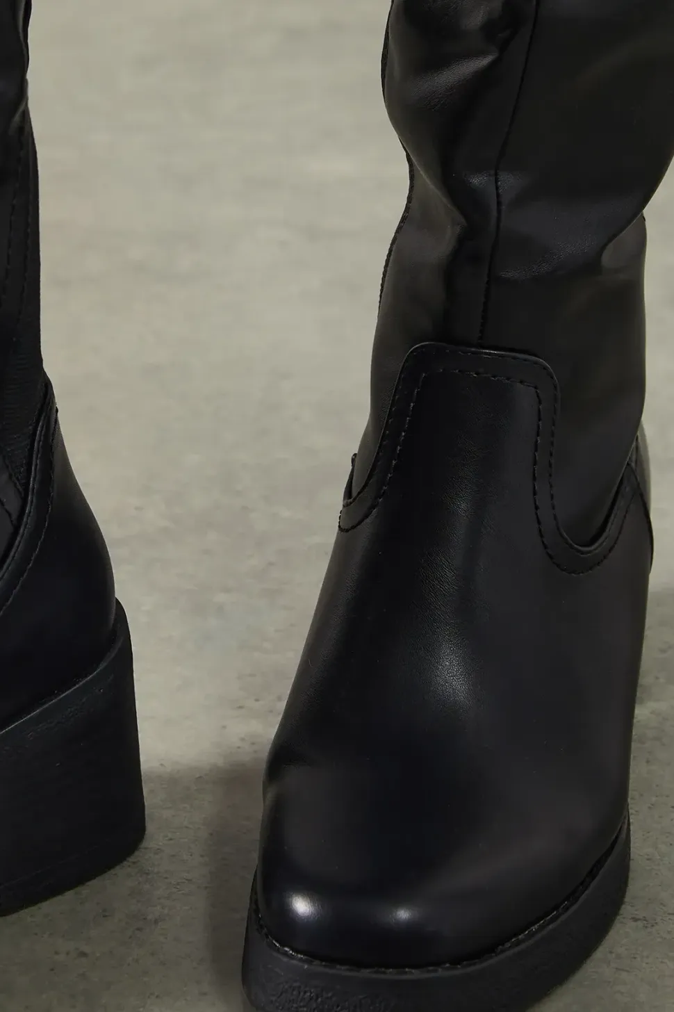 Krystelle Faux Leather Stretch Back Mid Block Heel Knee Boots