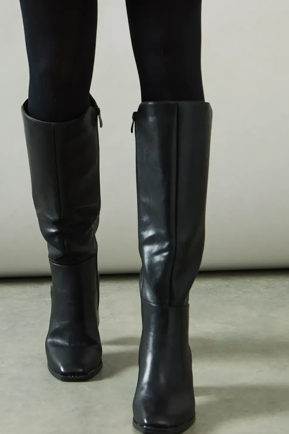 Kylene Faux Leather Back Stretch Square Toe High Block Heel Knee Boot