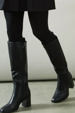 Kylene Faux Leather Back Stretch Square Toe High Block Heel Knee Boot