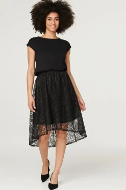 Lace Asymmetric Hem Midi Skirt