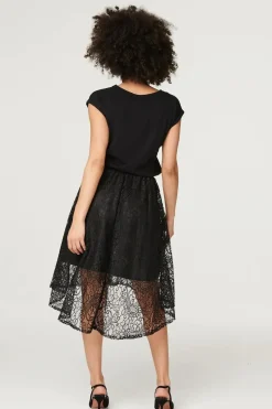 Lace Asymmetric Hem Midi Skirt