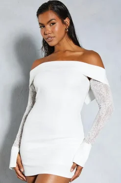 Lace Bardot Cuff Detail Bodycon Mini Dress