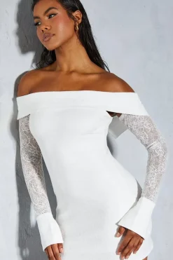 Lace Bardot Cuff Detail Bodycon Mini Dress