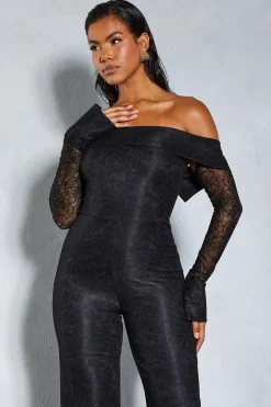 Lace Bardot Cuff Detail Straight Leg Jumpsuit