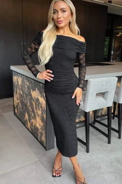 Lace Bardot Long Sleeve Ruched Bodycon Midi Dress