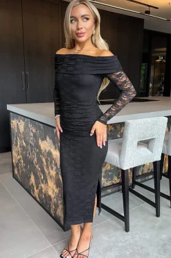 Lace Bardot Long Sleeve Ruched Bodycon Midi Dress