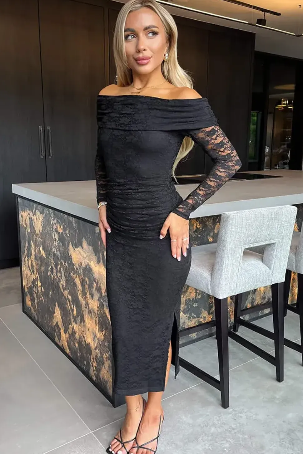 Lace Bardot Long Sleeve Ruched Bodycon Midi Dress