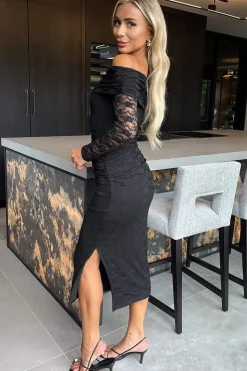 Lace Bardot Long Sleeve Ruched Bodycon Midi Dress