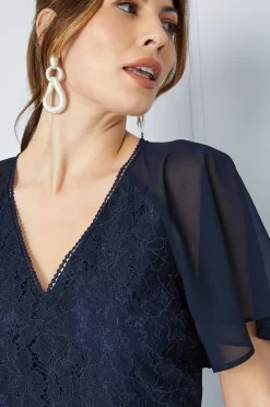 Lace Bodice Angel Sleeve Ruffle Hem Midi Dress