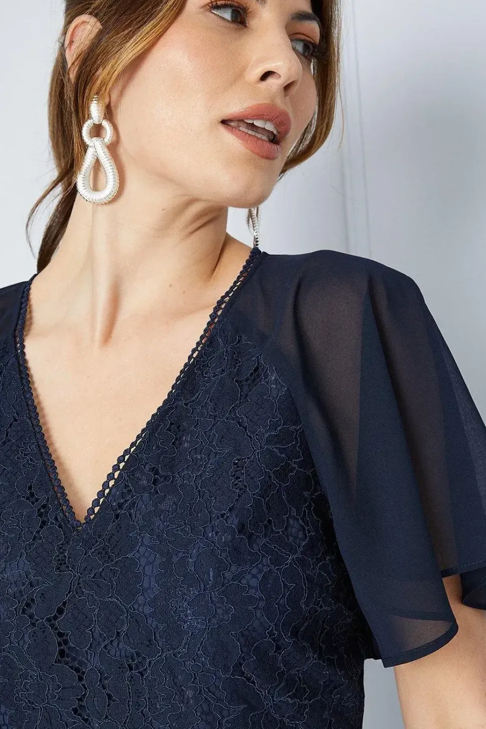 Lace Bodice Angel Sleeve Ruffle Hem Midi Dress