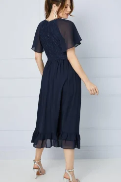 Lace Bodice Angel Sleeve Ruffle Hem Midi Dress