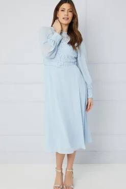 Lace Bodice Belted Midi Dress