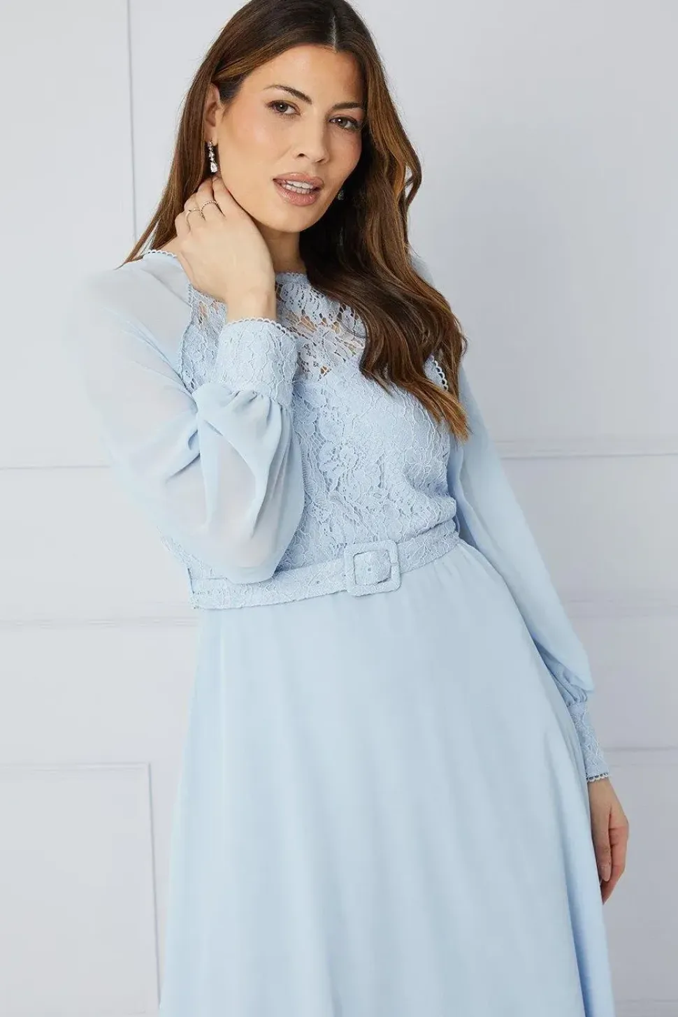 Lace Bodice Belted Midi Dress