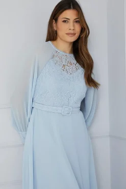 Lace Bodice Belted Midi Dress