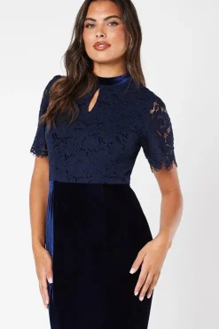 Lace Bodice Keyhole Detail Velvet Skirt Maxi Dress