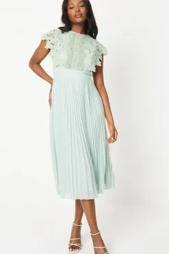 Lace Bodice Pleat Skirt Midi Dress