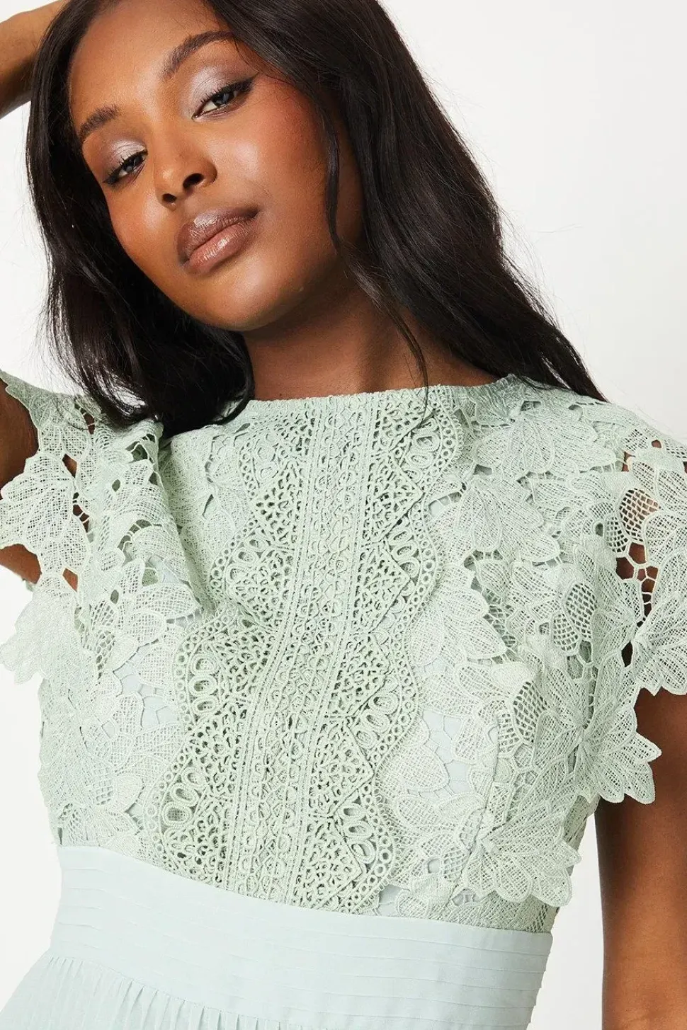 Lace Bodice Pleat Skirt Midi Dress