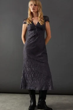 Lace Cap Sleeve Bow Front Midi Tea Dress