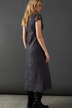 Lace Cap Sleeve Bow Front Midi Tea Dress