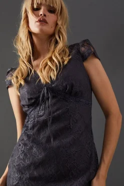Lace Cap Sleeve Bow Front Midi Tea Dress