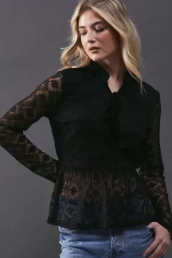 Lace Contrast Tie Front Blouse
