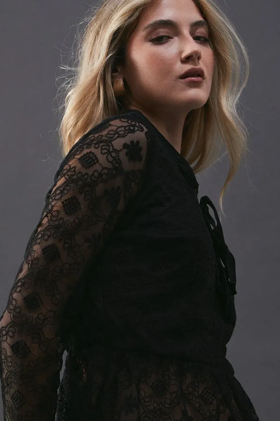 Lace Contrast Tie Front Blouse