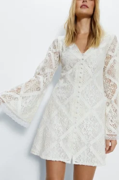 Lace Covered Button Flared Sleeve Mini Dress