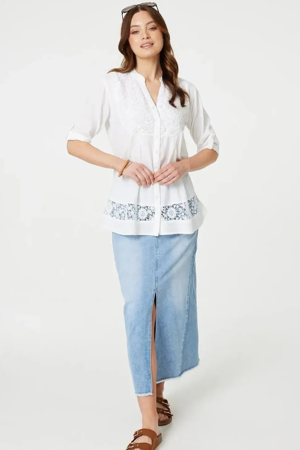 Lace Detail Collarless Button Down Shirt