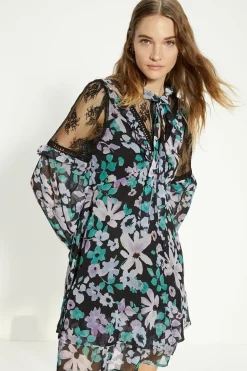 Lace Detailed Floral Ruffle Tie Neck Skater Dress