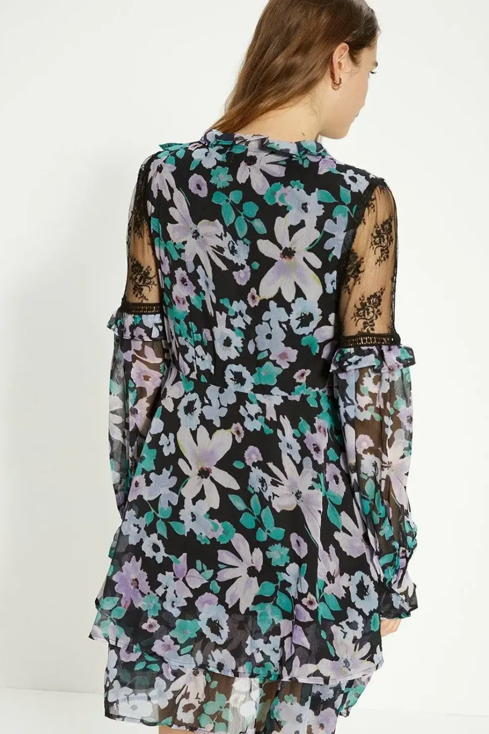 Lace Detailed Floral Ruffle Tie Neck Skater Dress