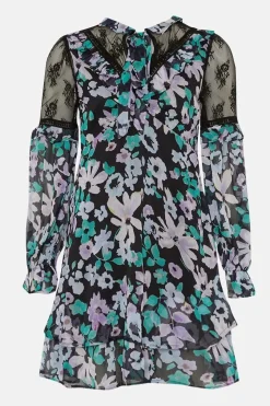 Lace Detailed Floral Ruffle Tie Neck Skater Dress