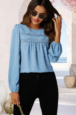 Lace Detail long sleeve Blouse Top In Blue