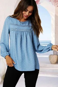 Lace Detail long sleeve Blouse Top In Blue