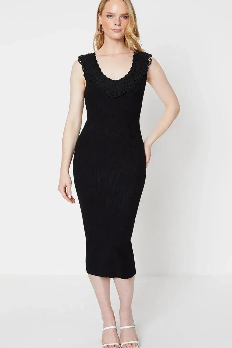 Lace Detail Ribbed Midi Dress