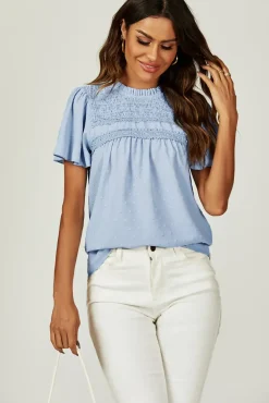 Lace Detail Short Sleeve Blouse Top In Blue