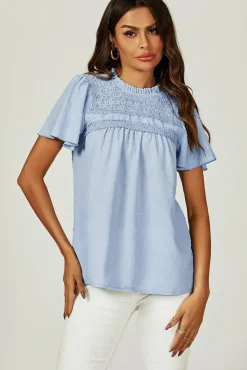 Lace Detail Short Sleeve Blouse Top In Blue