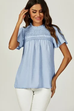 Lace Detail Short Sleeve Blouse Top In Blue