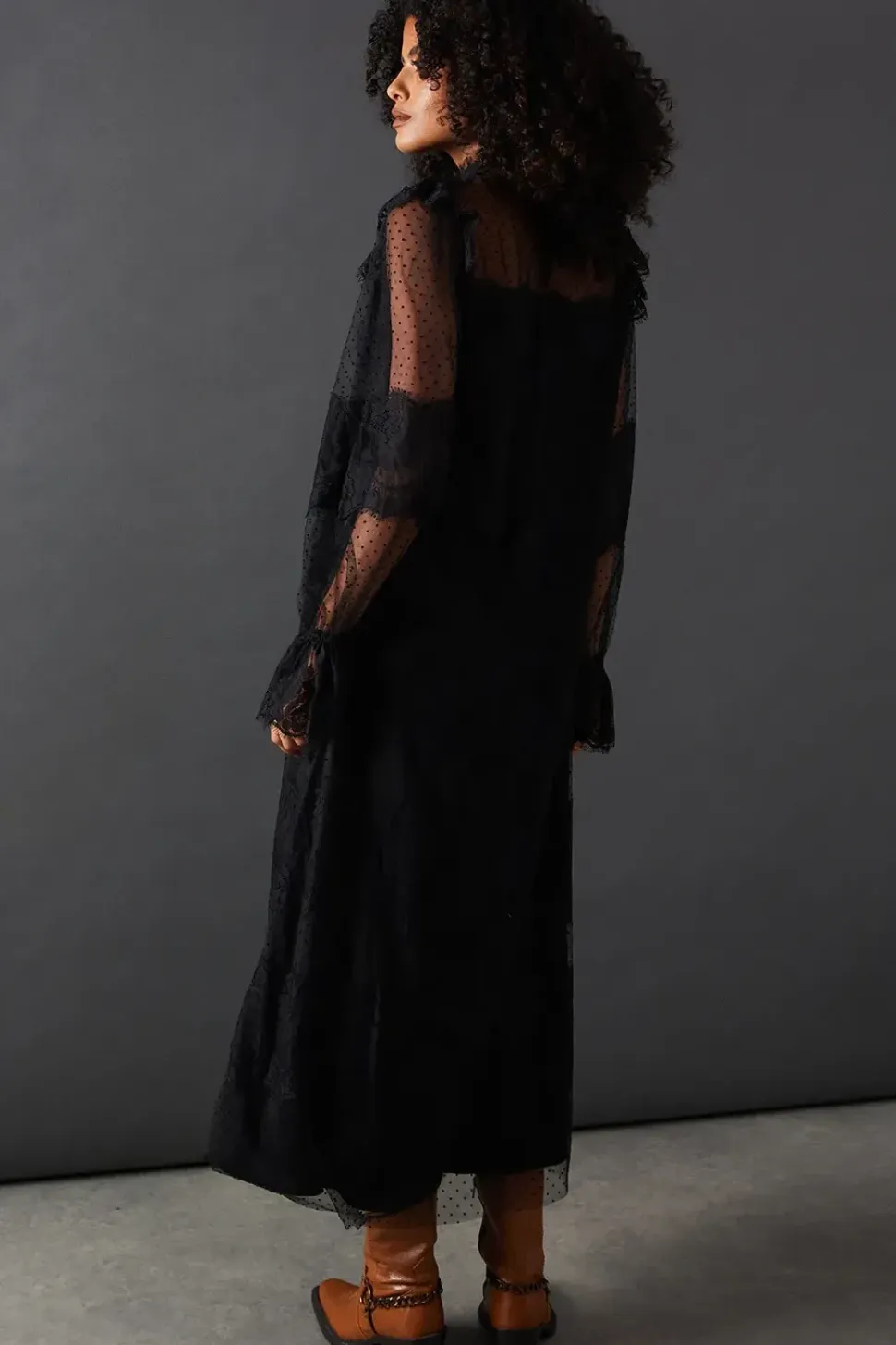 Lace Dobby Ruffle Neck Midi Smock Dress