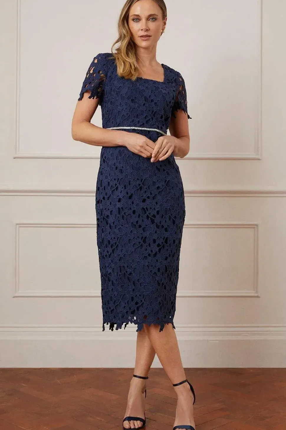 Lace Embellished Waist Cap Sleeve Midi Dress