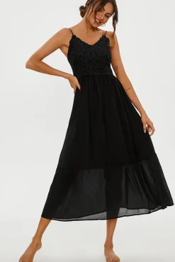 Lace Embroidery Anglaise Maxi Slip Dress In Black