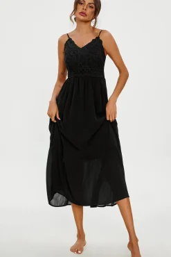 Lace Embroidery Anglaise Maxi Slip Dress In Black