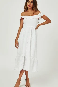 Lace Embroidery Bardot Maxi Dress In White