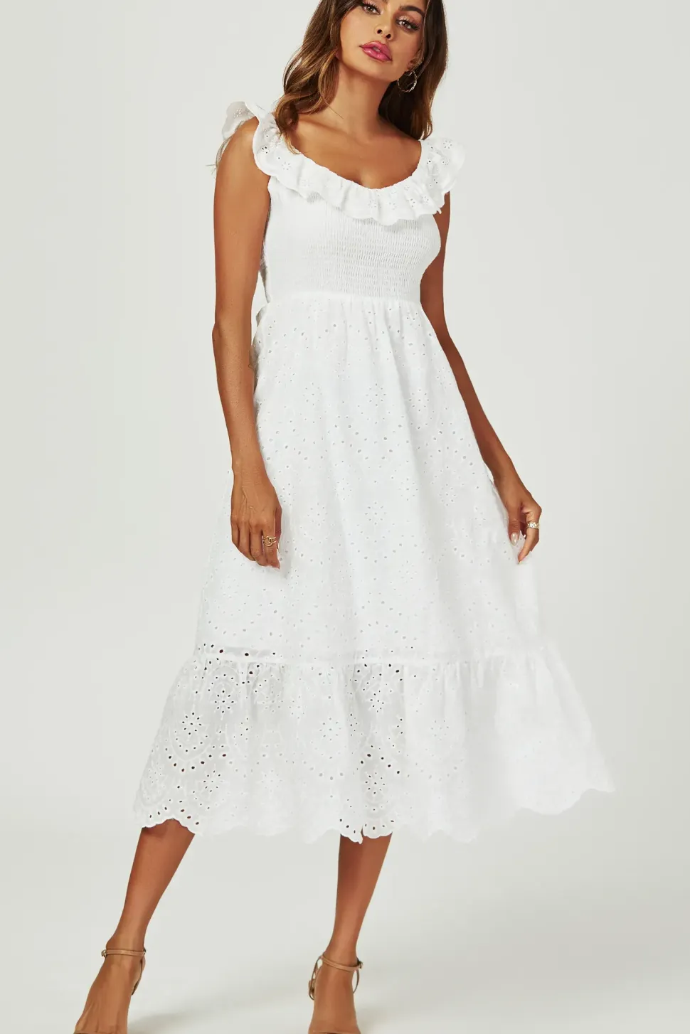 Lace Embroidery Bardot Maxi Dress In White