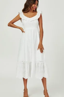 Lace Embroidery Bardot Maxi Dress In White
